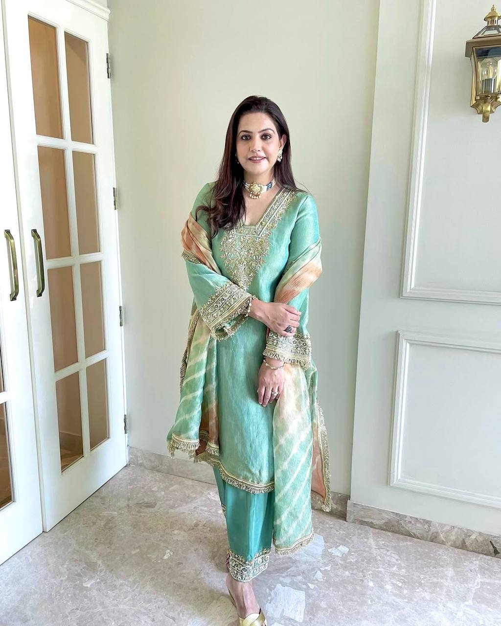 Mint Green Salwar Kameez With Gold Embroidery