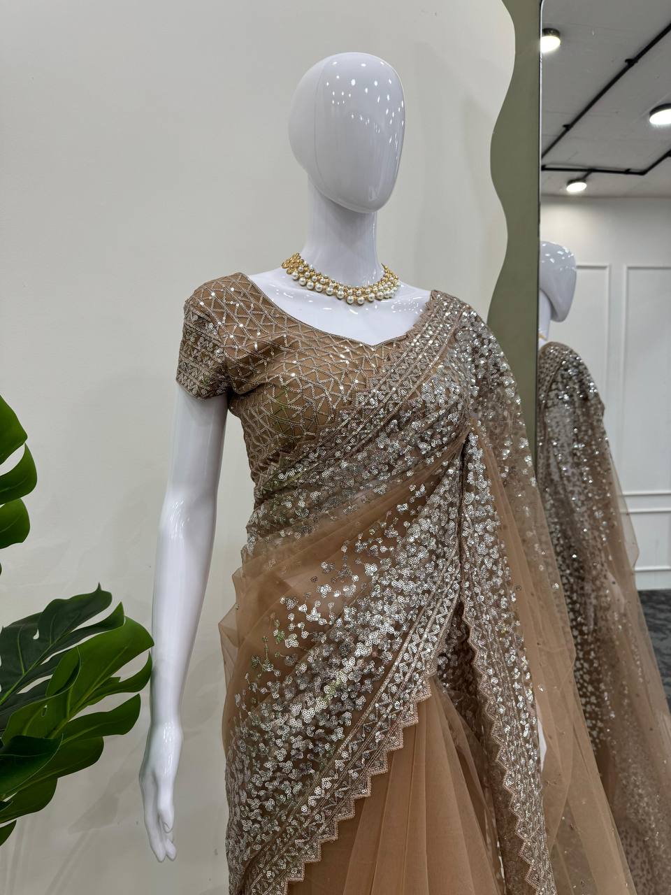 Brown Sequined Saree With Lace Trim