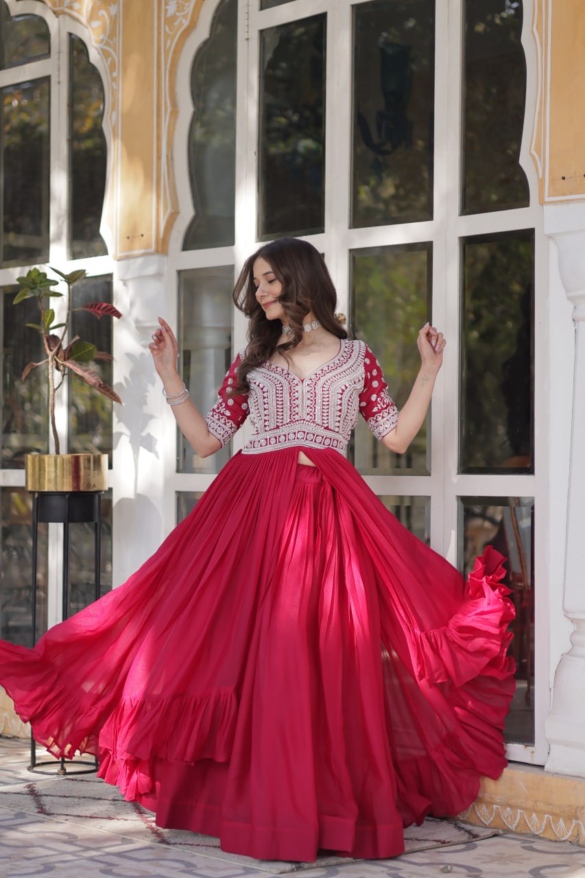 Crimson Embroidered Ruffled Maxi Dress