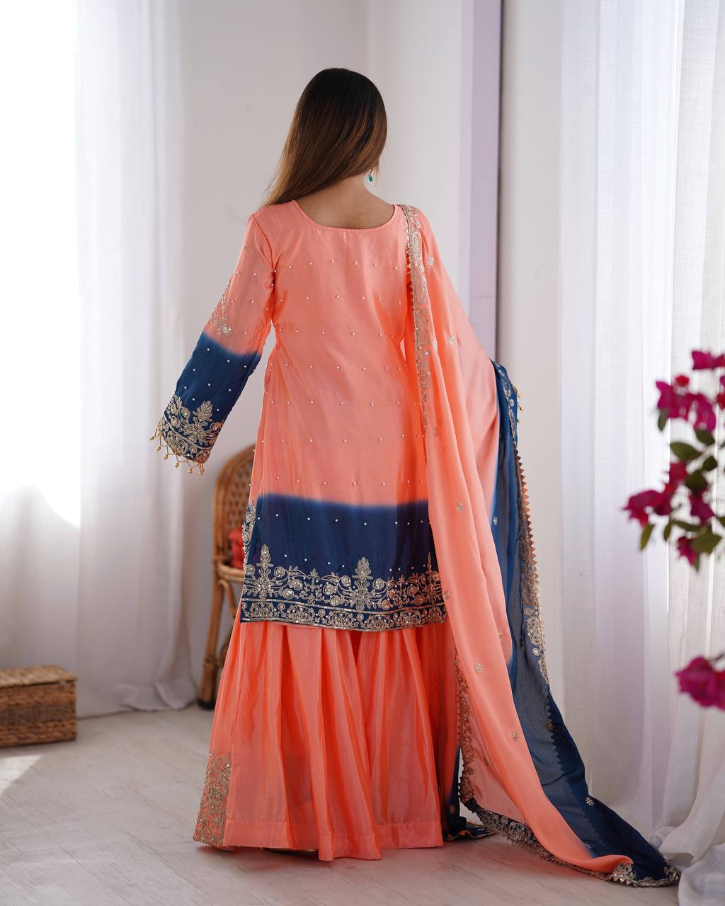 Peach Embroidered Salwar Kameez With Navy Accents