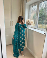 Elegant Designer Long Top, Pant, and Dupatta Set with Heavy Embroidery