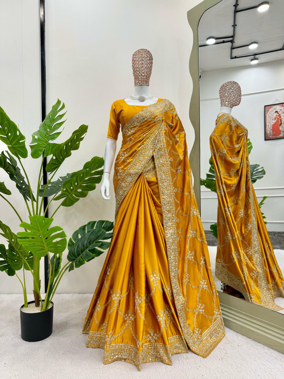 Mustard Yellow Saree With Gold Embroidered Border