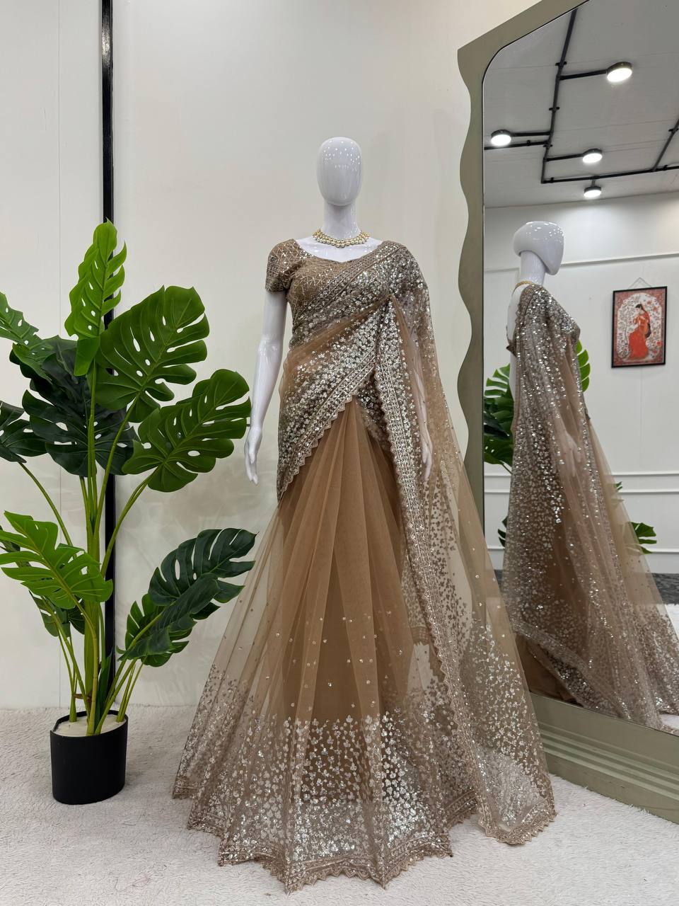 Brown Sequined Saree With Lace Trim